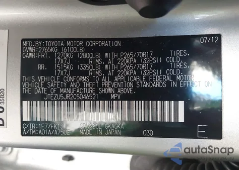 2012 Toyota 4Runner Sr5 z USA, uszkodzony, nr VIN JTEZU5JR2C5046521